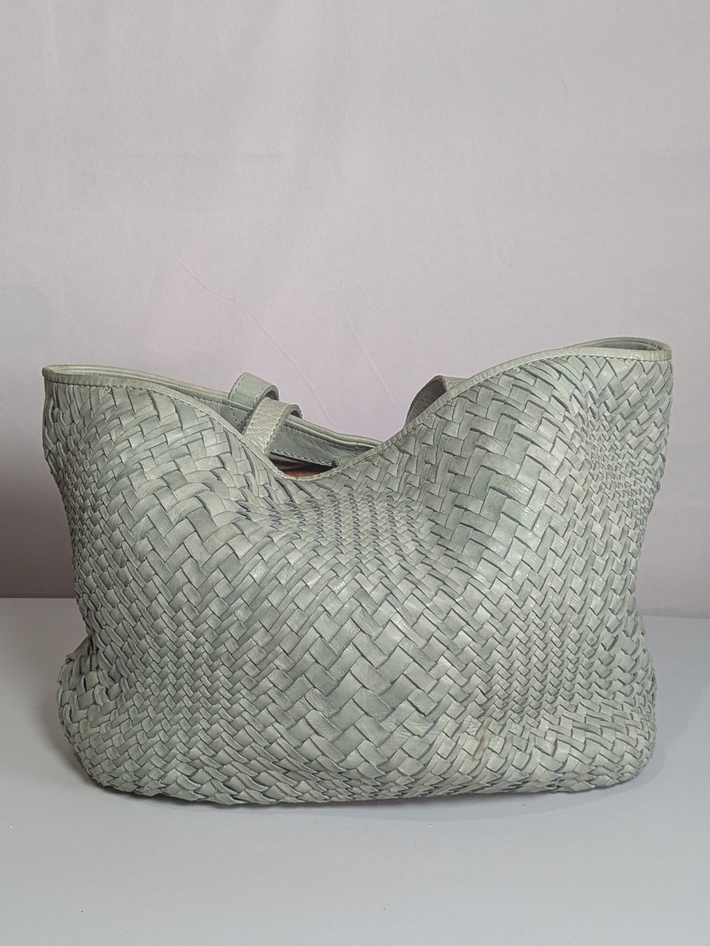 Genuine Leather Woven Tote Bag Sage Green Mint Large Shoulder Bag